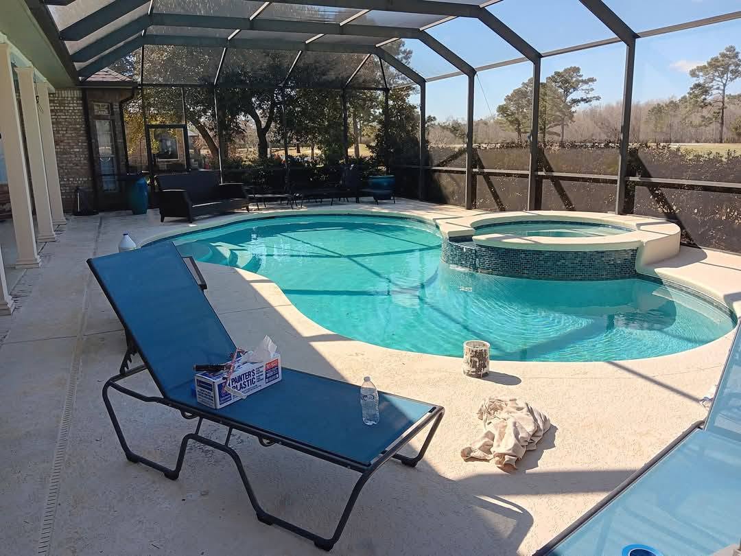 Screened pool patio prepped for painting