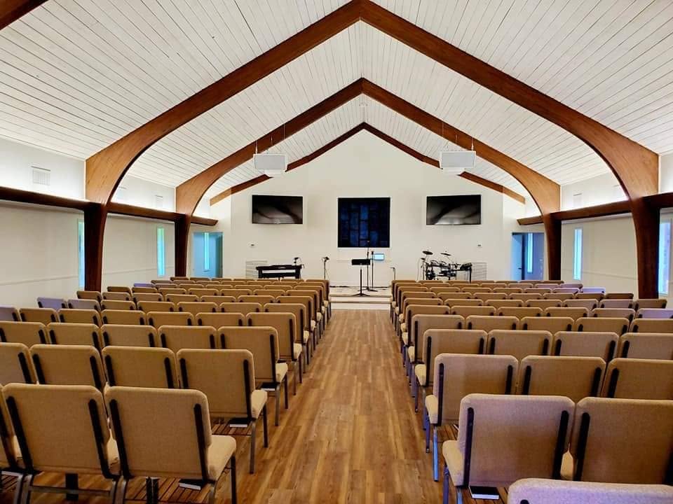 Church interior with wood beams